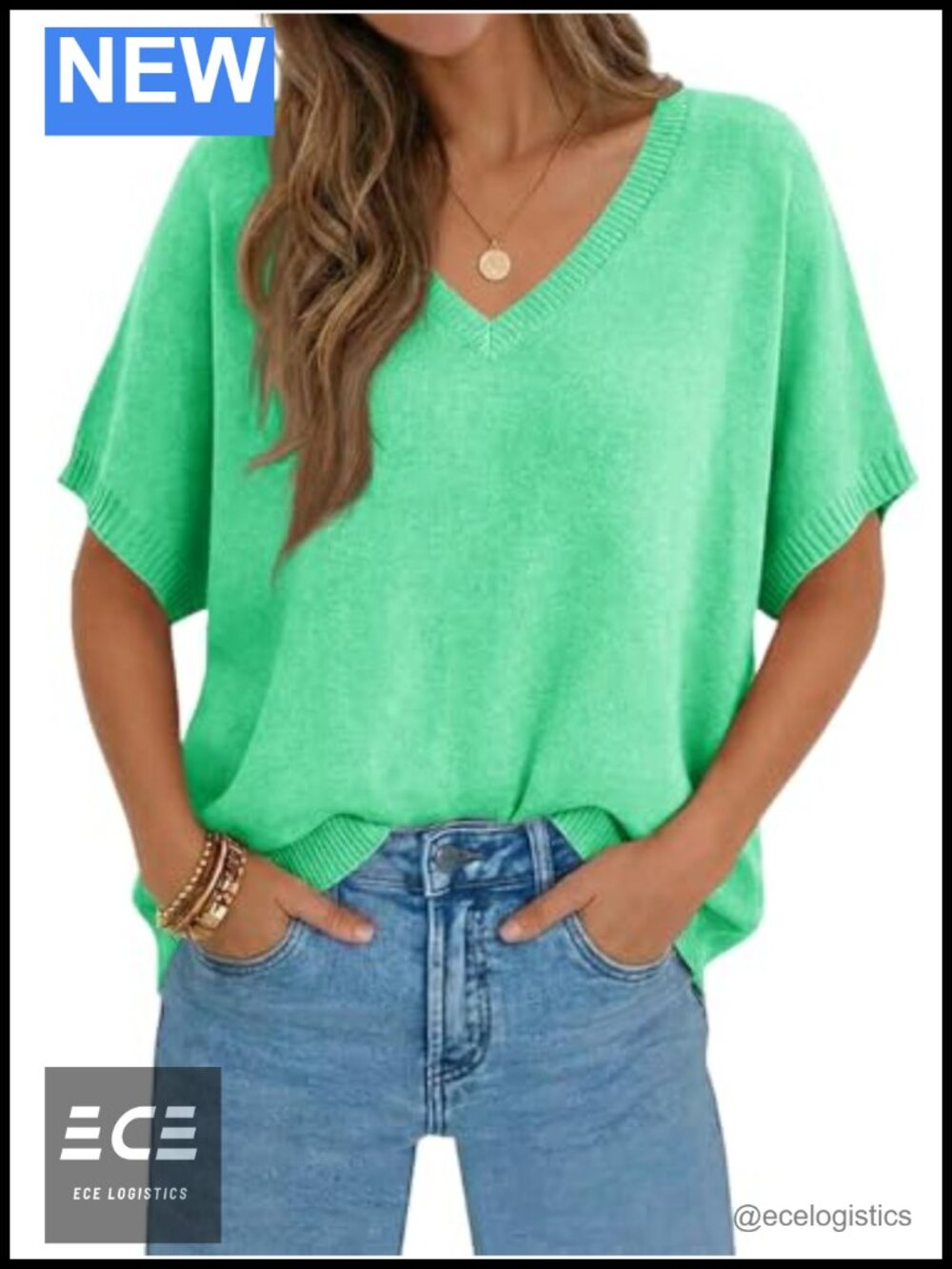 Oversized Batwing Short Sleeve V Neck Lightweight Knit Pullover Top